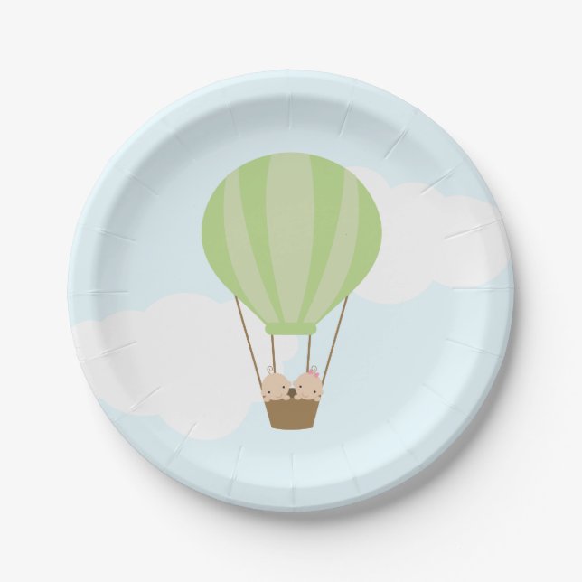 Twin Babies in Hot Air Balloon Baby Shower Paper Plates (Front)