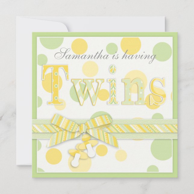 Twin Babies Mint Yellow Dots Baby Shower Invitation (Front)