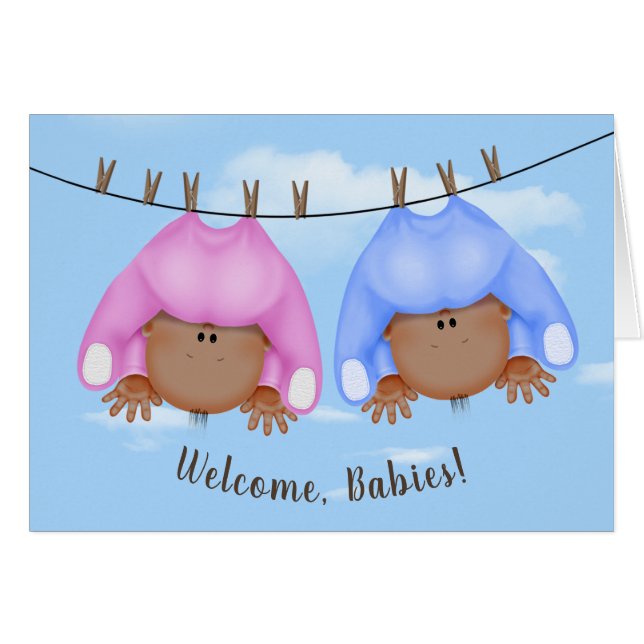 Twin Babies On Clothesline Cards (Front Horizontal)