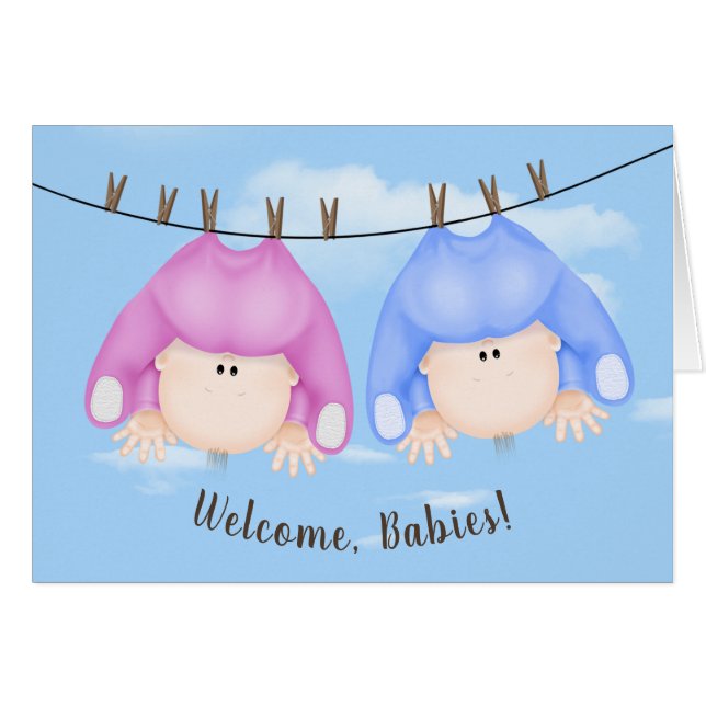 Twin Babies On Clothesline Cards (Front Horizontal)