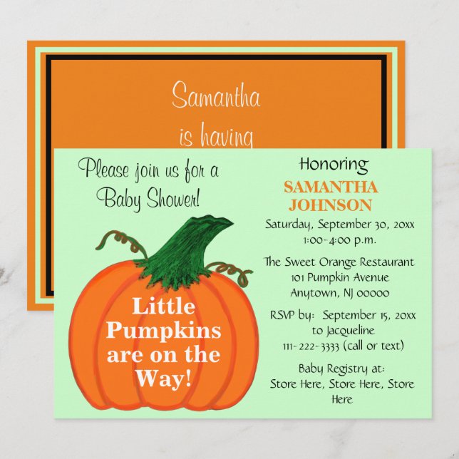 Twin Babies Orange Pumpkin Baby Shower Invitation (Front/Back)