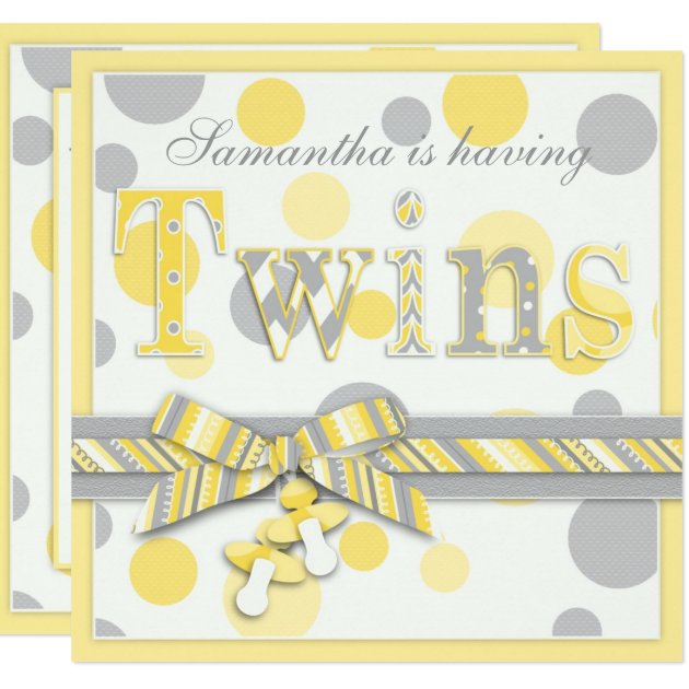 Twin Babies Yellow Gray Dots Baby Shower Invitation