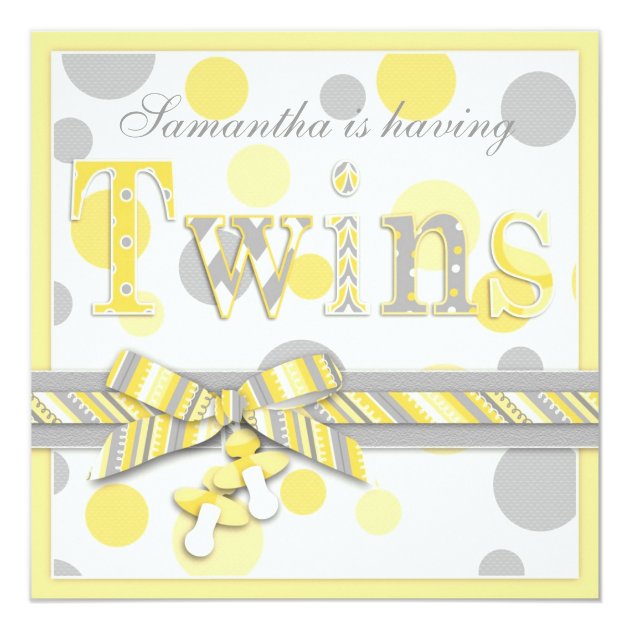 Twin Babies Yellow Gray Dots Baby Shower Invitation