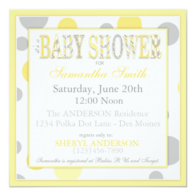 Twin Babies Yellow Gray Dots Baby Shower Invitation