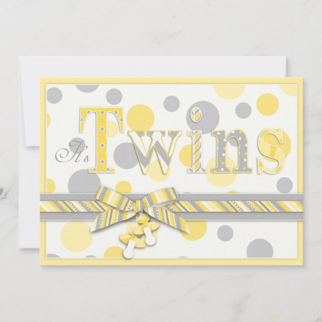 Twin Babies Yellow Gray Dots Baby Shower Invitation (Front)