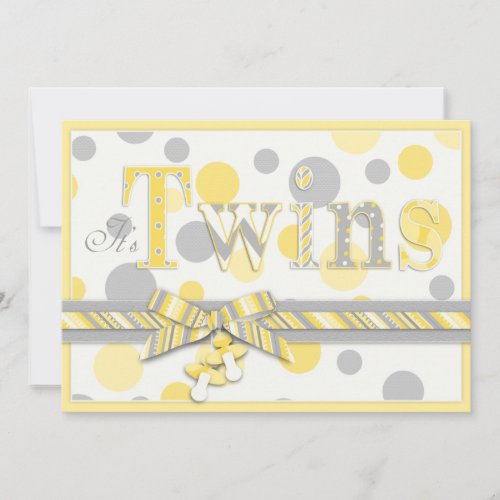 Twin Babies Yellow Gray Dots Baby Shower Custom Invitation
