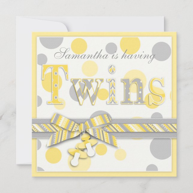 Twin Babies Yellow Gray Dots Baby Shower Invitation (Front)