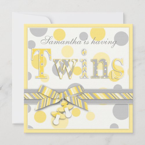 Twin Babies Yellow Gray Dots Baby Shower Custom Invites