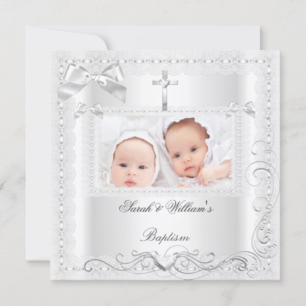 Twin Baby Baptism Girl Boy Christening White Lace Announcement
