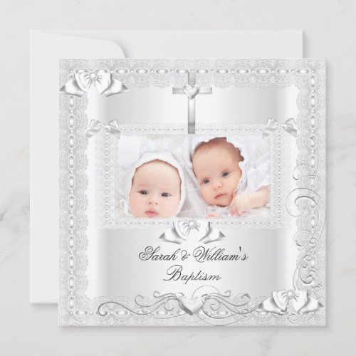 Twin Baby Baptism Girl Boy Christening White Lace Announcement