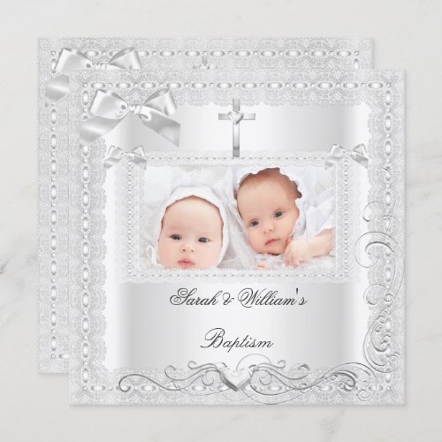 Twin Baby Baptism Girl Boy Christening White Lace Invitation