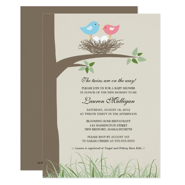 Twin Baby Bird's Nest Baby Shower Invitation