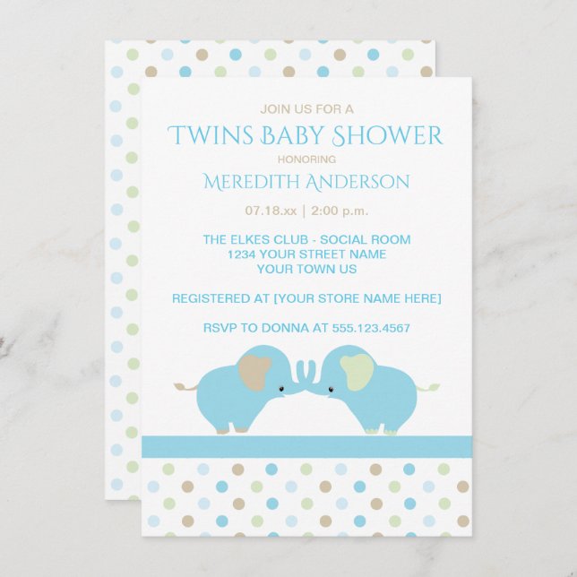 Twin Baby Boy Elephants Baby Shower Invitations (Front/Back)