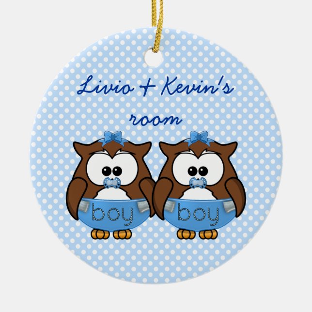 twin baby boy owl ceramic ornament (Front)