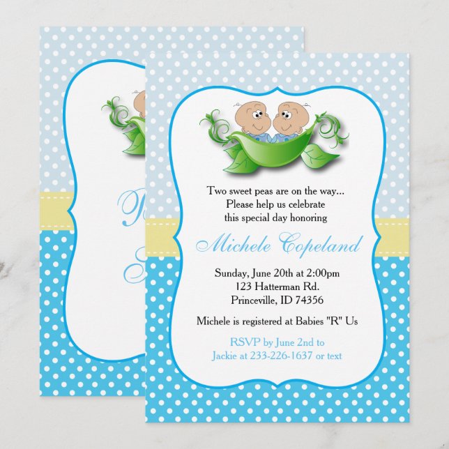 Twin Baby Boy Shower - Two Peas In A Pod Invitation (Front/Back)