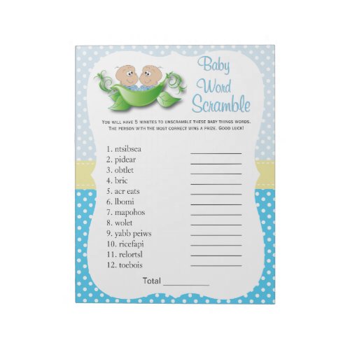 Twin Baby Boy Shower _ Two Peas In A Pod Word Game Notepad