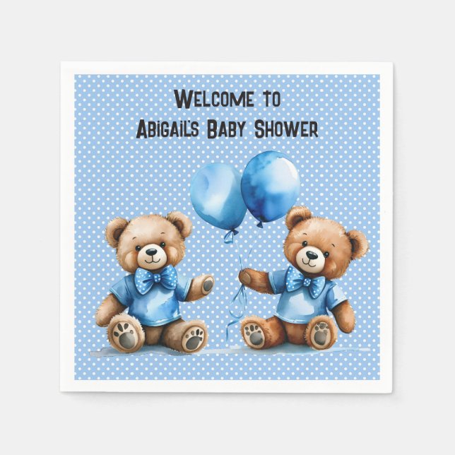 Twin Baby Boy Shower With Teddy Bears Napkins (Front)