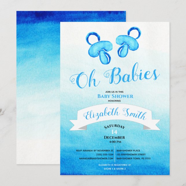 Twin baby boy watercolor babyshower invitation (Front/Back)