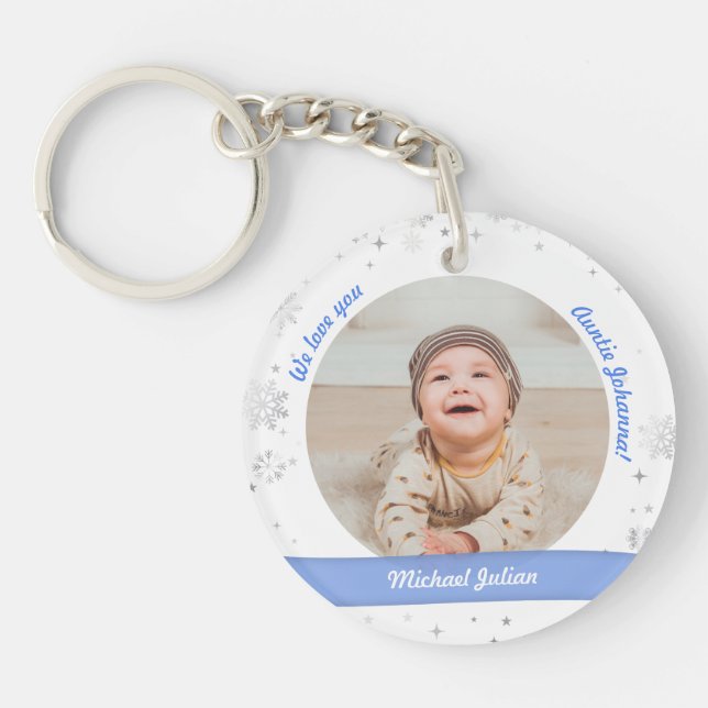 Twin Baby Boys 2 Photos Names Aunt Snow Xmas Keychain (Front)
