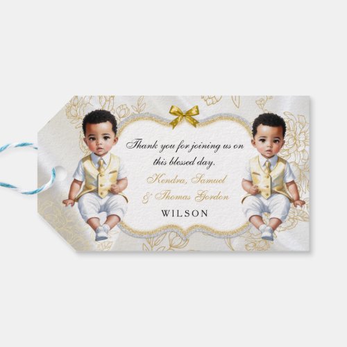 Twin Baby Boys Baptism Communion Gold White Gift Tags