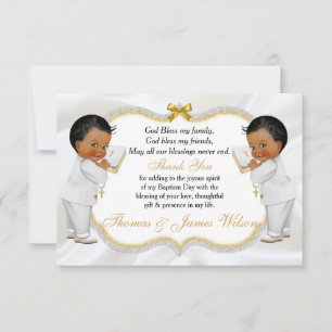 Twin Baby Boys Baptism Gold Cross Thank You Card