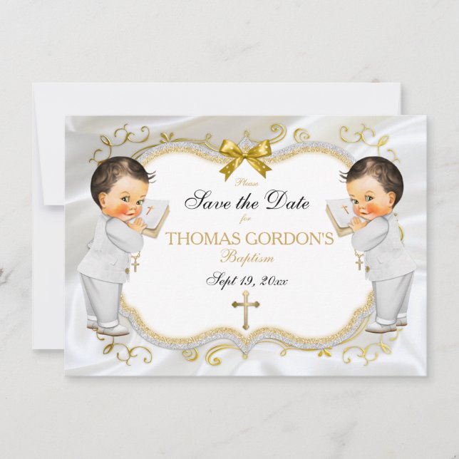 Twin Baby Boys Baptism Save Date White Gold Cross Save The Date (Front)