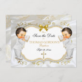 Twin Baby Boys Baptism Save Date White Gold Cross Save The Date (Front/Back)