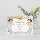 Twin Baby Boys Baptism Save Date White Gold Cross Save The Date (Standing Front)