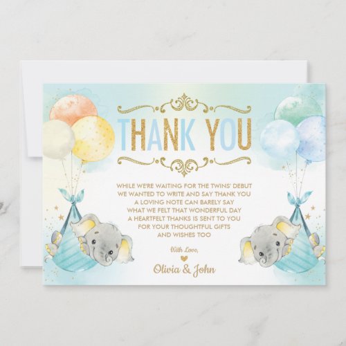 Twin Baby Boys Elephant Baby Shower Sprinkle Thank You Card