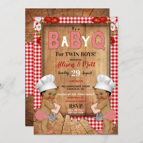 Twin Baby Boys Red Gingham Wood Baby Q Barbecue Invitation