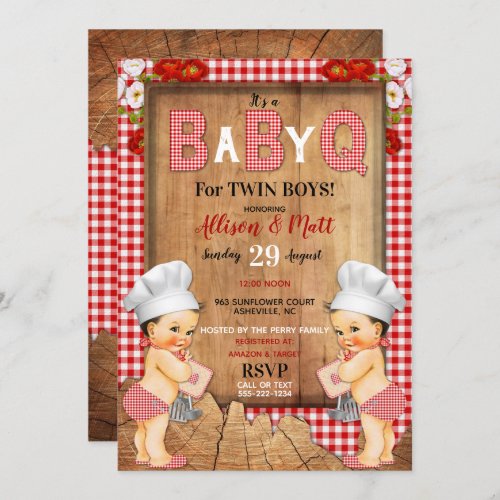 Twin Baby Boys Red Gingham Wood Baby Q Barbecue Invitation