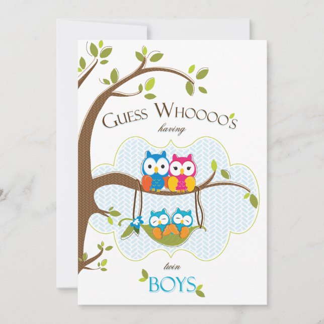 Twin Baby Boys Shower Invitation - Owl Family (Front)