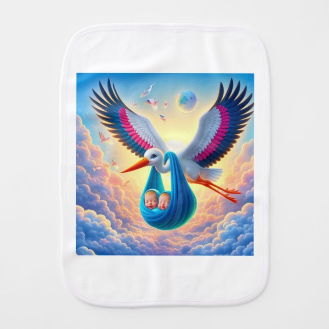Twin Baby Boys Stork Serenade Baby Shower Burp Cloth (Front)