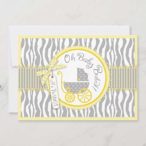 TWIN Baby Carriage Zebra Print Yellow Baby Shower Invitation