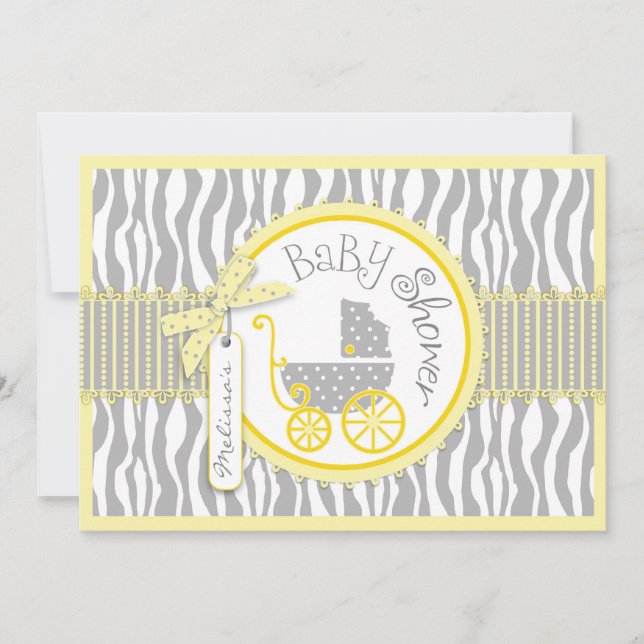 TWIN Baby Carriage, Zebra Print Yellow Baby Shower Invitation (Front)