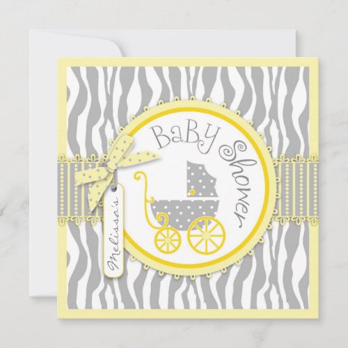 TWIN Baby Carriage, Zebra Print Yellow Baby Shower Custom Invites