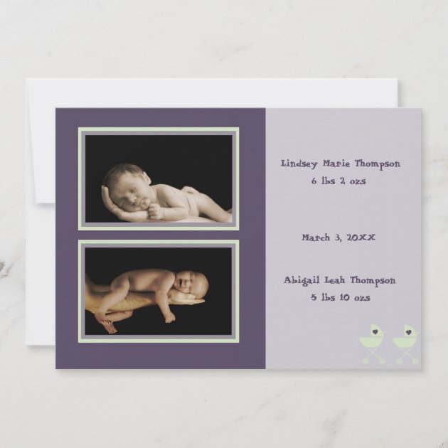 Twin Baby Carriages Birth Announcement (lavender)