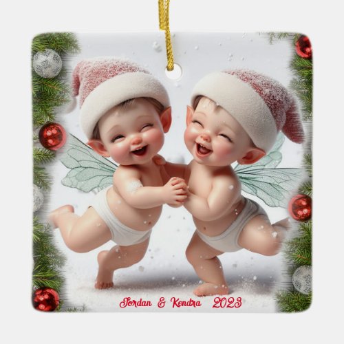 Twin Baby Christmas Fairies Ceramic Ornament