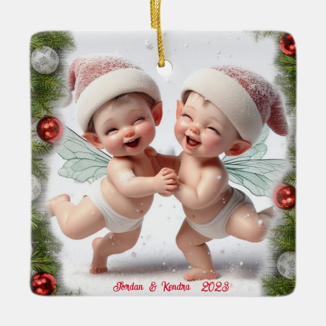 Twin Baby Christmas Fairies Ceramic Ornament (Front)