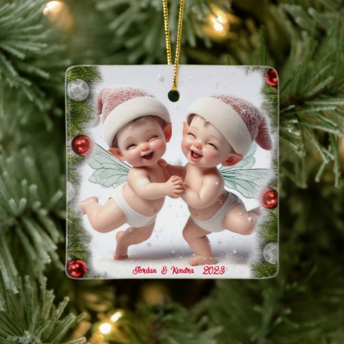 Twin Baby Christmas Fairies Ceramic Ornament