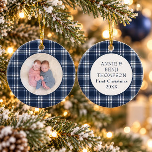 Twin Baby First Christmas Photo Navy Blue Plaid Ceramic Ornament