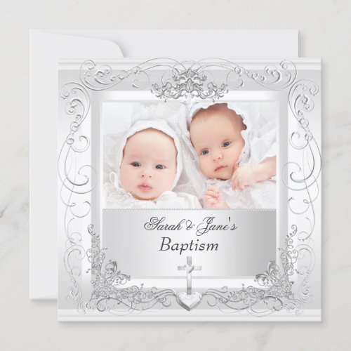 Twin Baby Girl Boy Christening Baptism White 2 Announcement