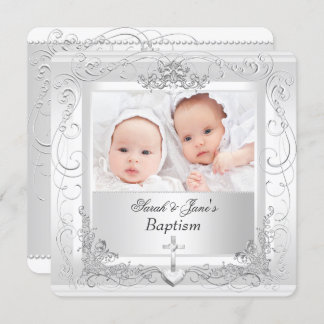 Twin Baby Girl Boy Christening Baptism White 2a Invitation