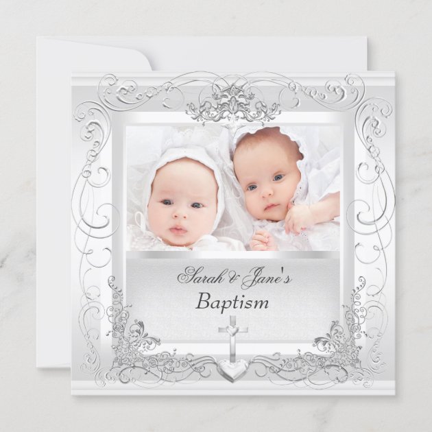 Twin Baby Girl Boy Christening Baptism White Announcement