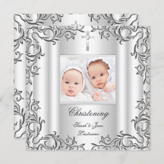 Twin Baby Girl Boy Christening Baptism White Invitation