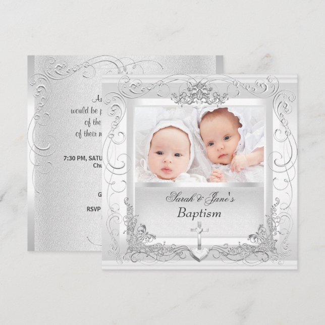 Twin Baby Girl Boy Christening Baptism White Invitation (Front/Back)