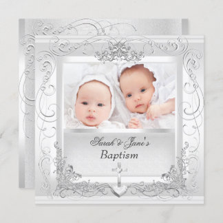 Twin Baby Girl Boy Christening Baptism White Invitation