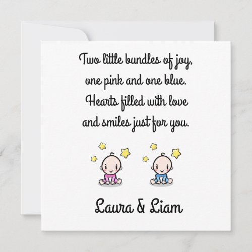 Twin Baby Girl  Boy Congratulations With Names  Card