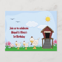 Twin Baby Girl Chicks 1st Birthday Invitation