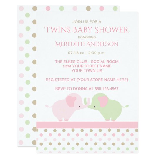 Twin Baby Girl Elephants Baby Shower Invitations